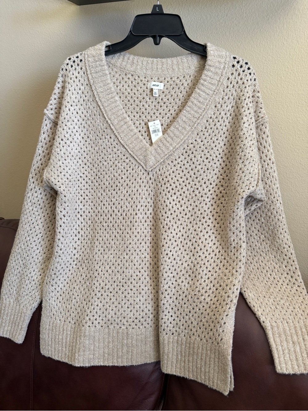 Aerie Crochet V-Neck Oversized Sweater Biege -NWT